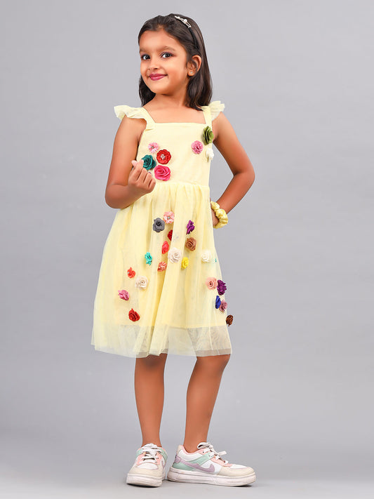 Zion Girls Skater Dress with 3d flower  & Smocking Highlight-Yellow