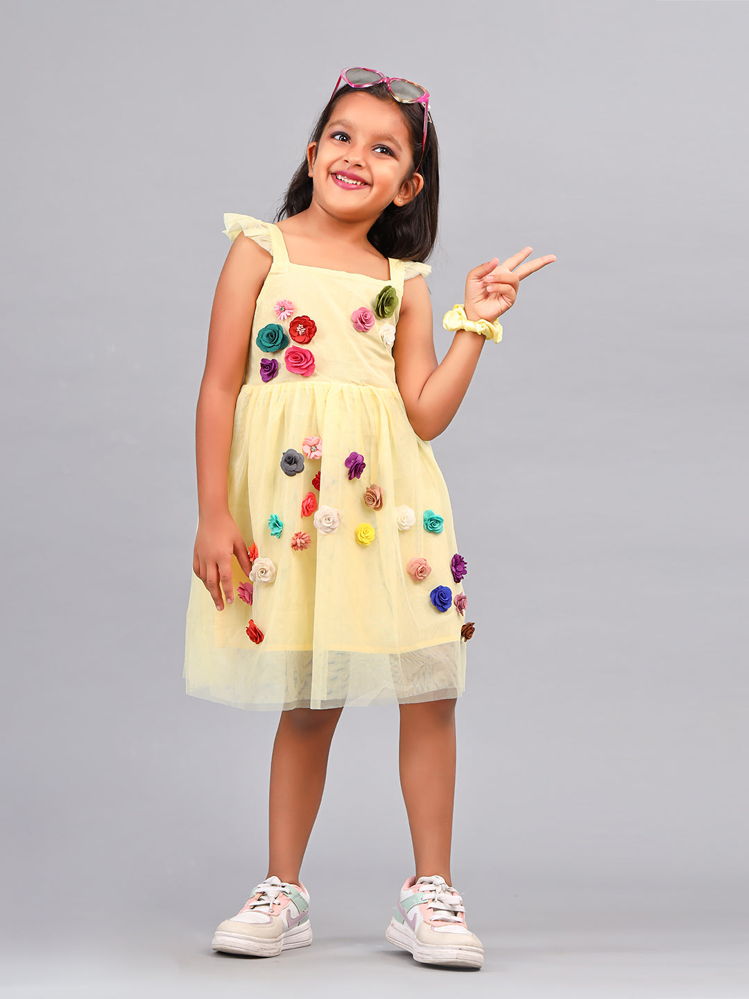 Zion Girls Skater Dress with 3d flower  & Smocking Highlight-Yellow