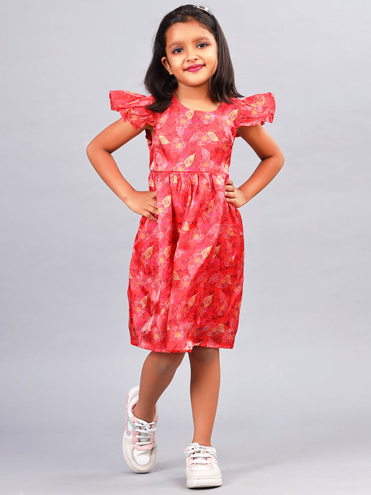 Zion Melonin Satin Flared sleeve Printed Fit and Flare Dress - Red