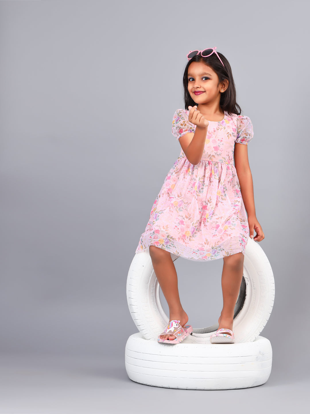 Zion Girls Fit and Flare Dress in All Over Printed Floral Mesh -Peach