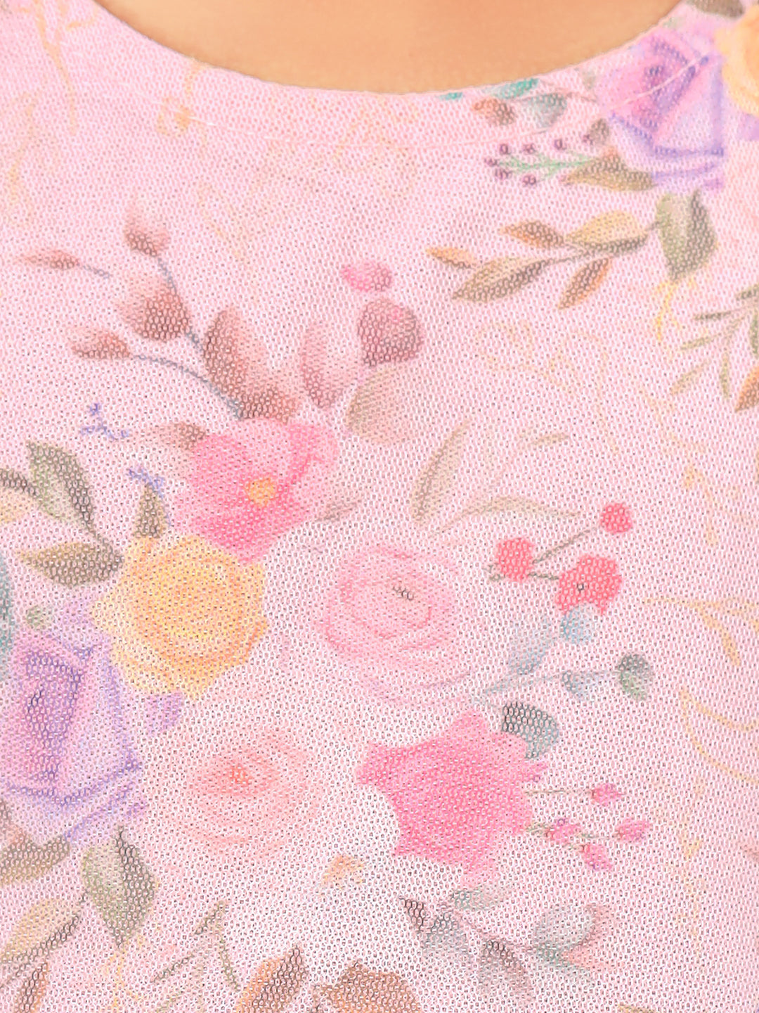 Zion Girls Fit and Flare Dress in All Over Printed Floral Mesh -Peach
