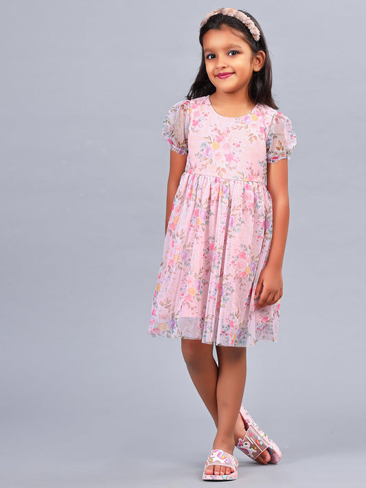 Zion Girls Fit and Flare Dress in All Over Printed Floral Mesh -Peach