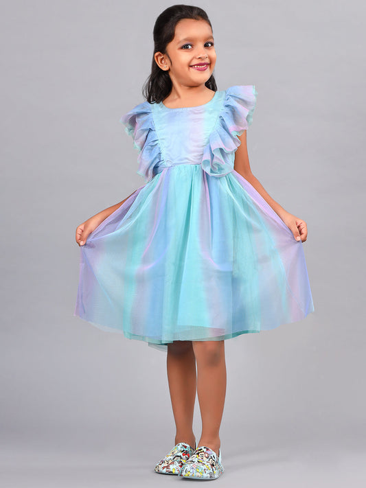 Zion Girls Fit and Flare Dress in Shimmer Mesh & Ruffle Highlights-Multi
