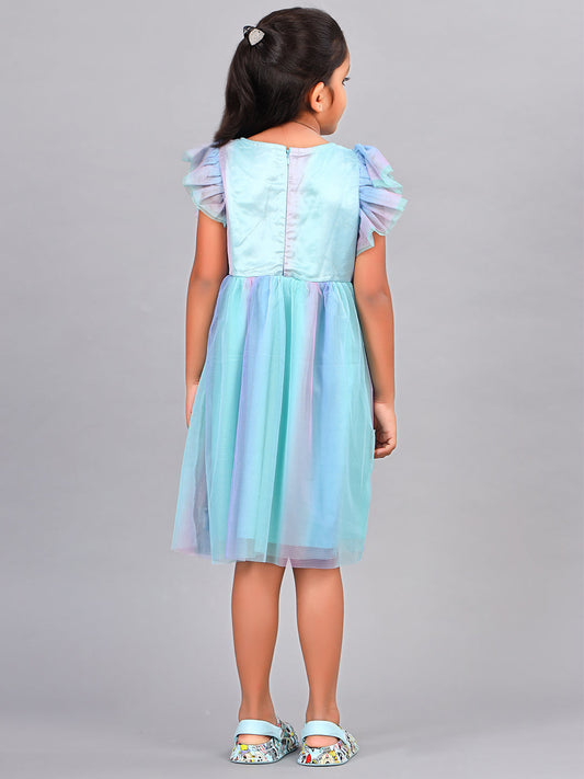Zion Girls Fit and Flare Dress in Shimmer Mesh & Ruffle Highlights-Multi