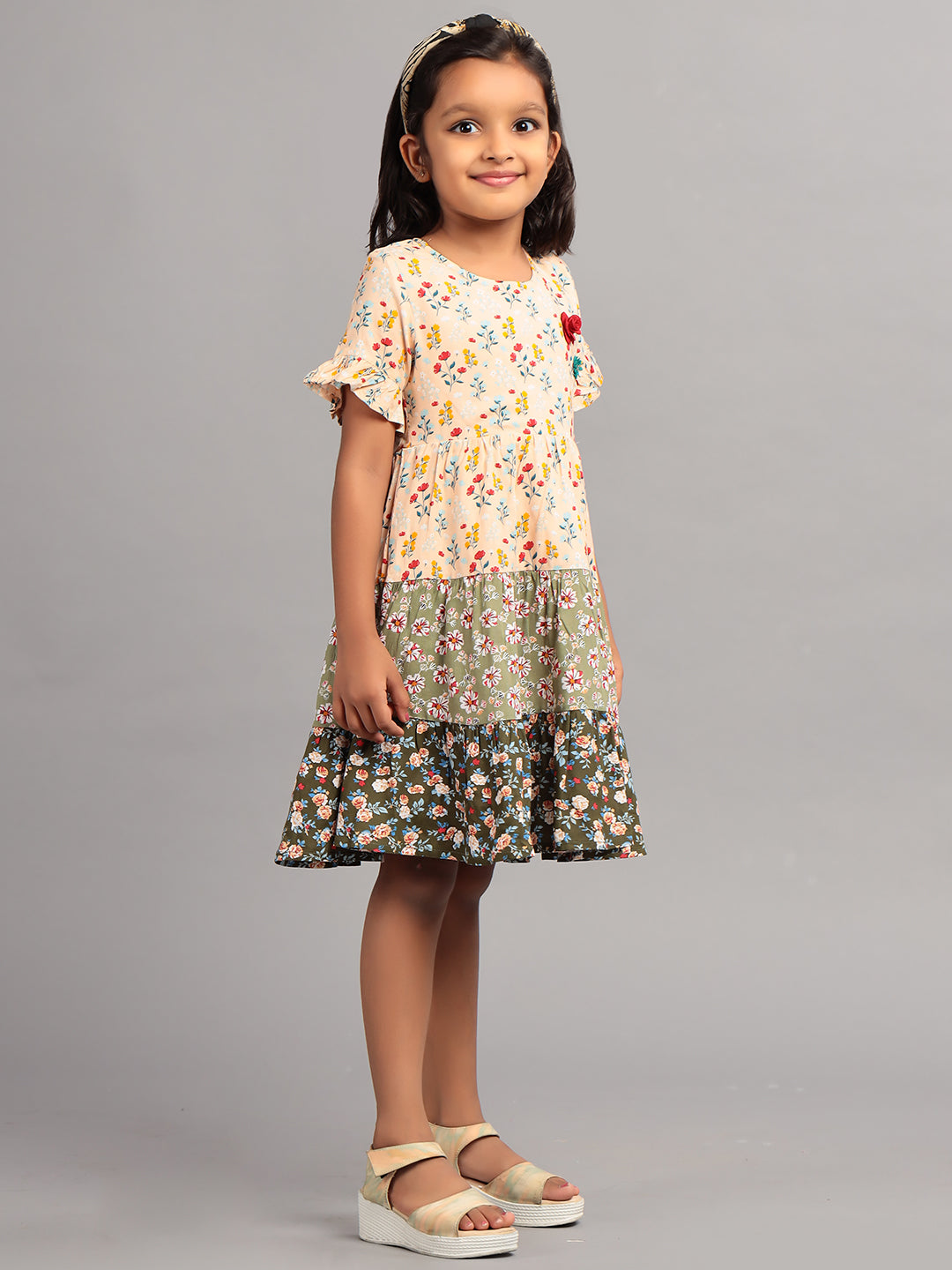 Zion Girls A line Tier dress with Bell Sleeves & Ruffle Highlights-Multi color