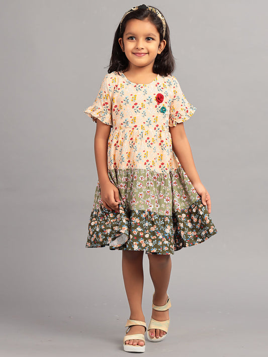 Zion Girls A line Tier dress with Bell Sleeves & Ruffle Highlights-Multi color