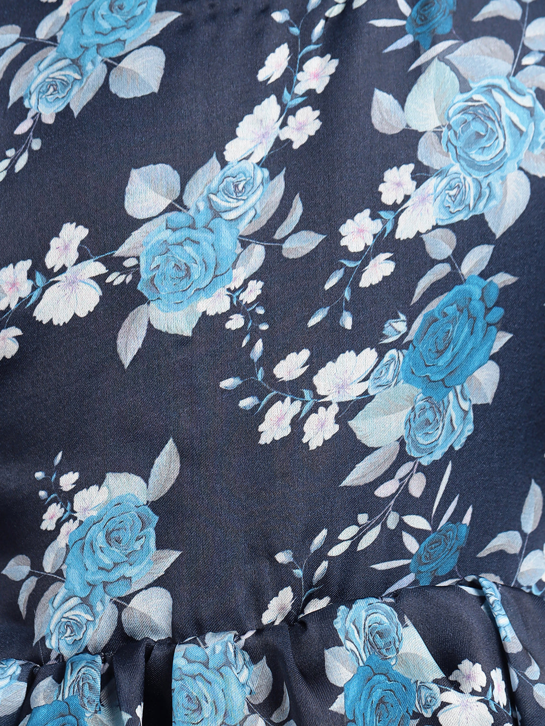 Zion Girls Fit and Flare Dress in All Over Printed Soft Satin with Belt Highlights-Navy