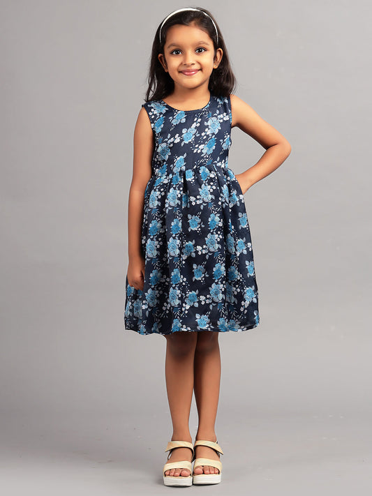 Zion Girls Fit and Flare Dress in All Over Printed Soft Satin with Belt Highlights-Navy