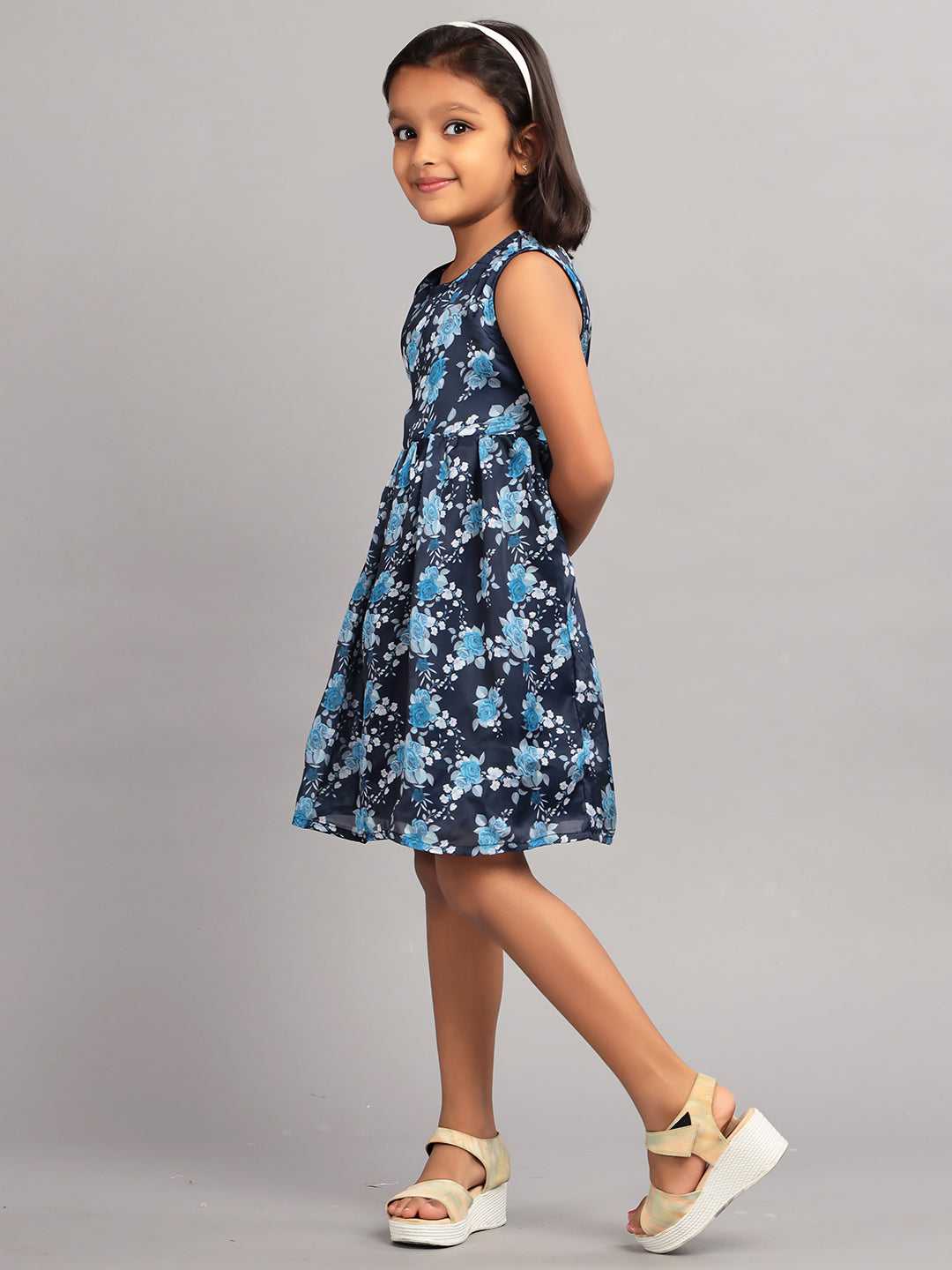 Zion Girls Fit and Flare Dress in All Over Printed Soft Satin with Belt Highlights-Navy