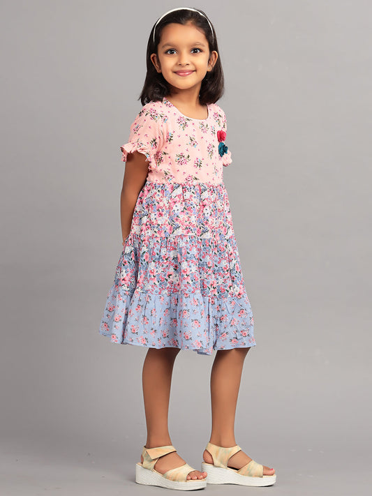 Zion Girls A line Tier dress with Bell Sleeves & Ruffle Highlights-Multi color