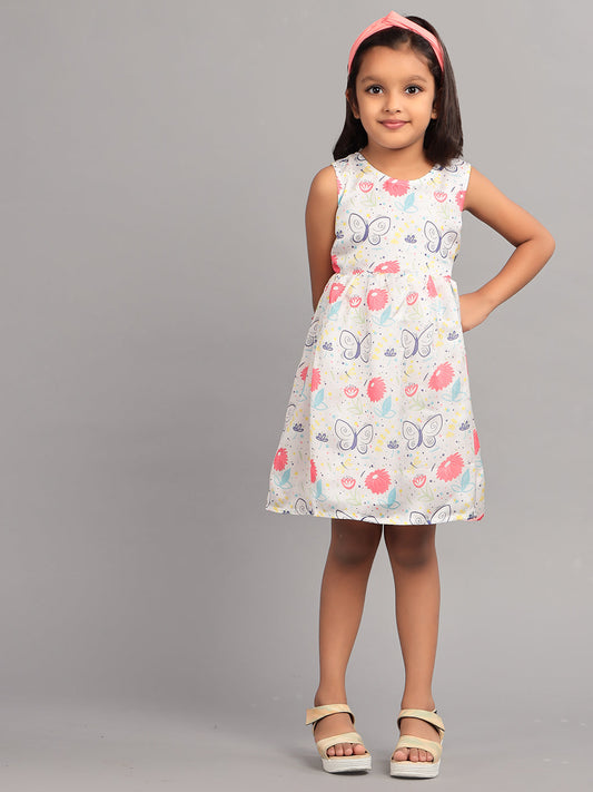 Zion Girls Fit and Flare Dress in All Over Printed Soft Satin with Belt Highlights-White