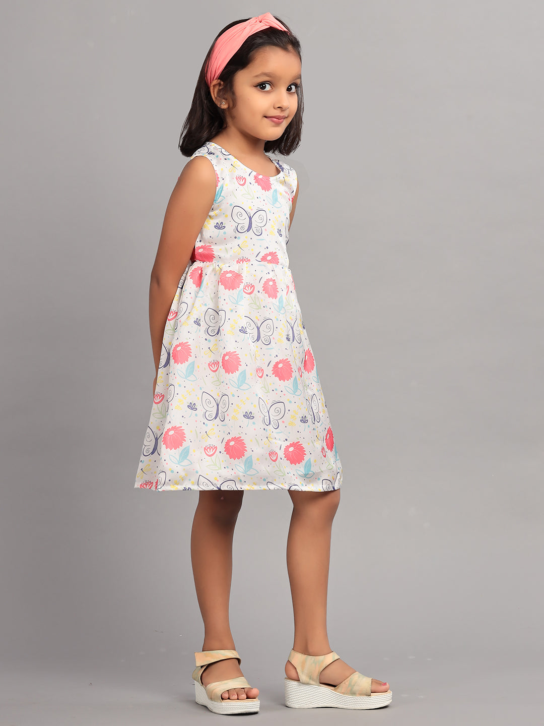 Zion Girls Fit and Flare Dress in All Over Printed Soft Satin with Belt Highlights-White