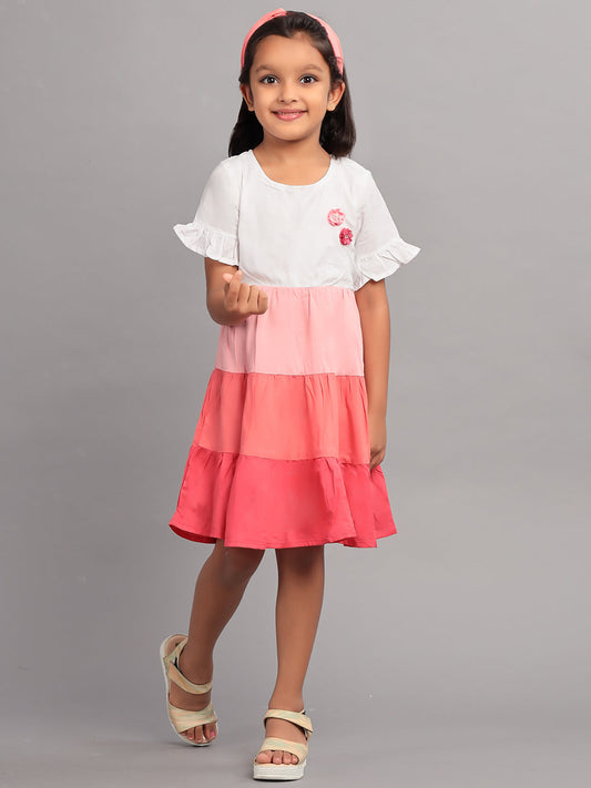 Zion Girls A line Tier dress with Bell Sleeves & Ruffle Highlights-Pink