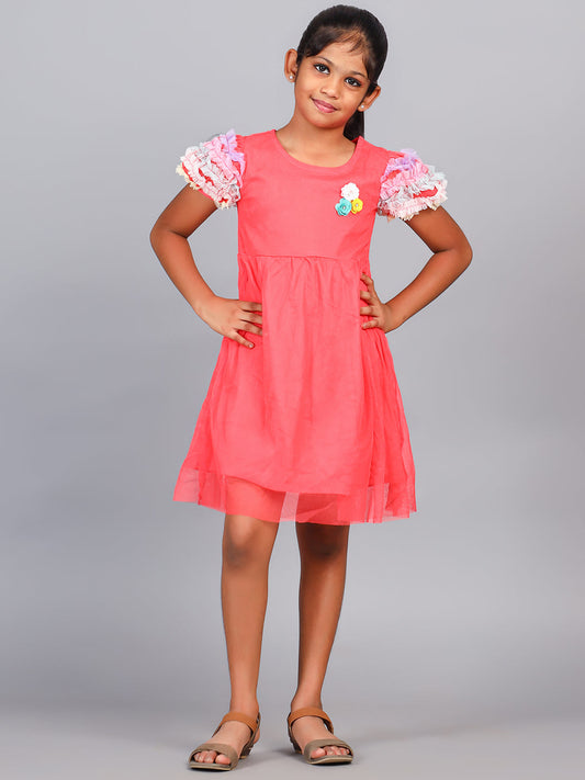 Zion Tulle Mesh Sleeve Ruffles Party wear Dress - Peach