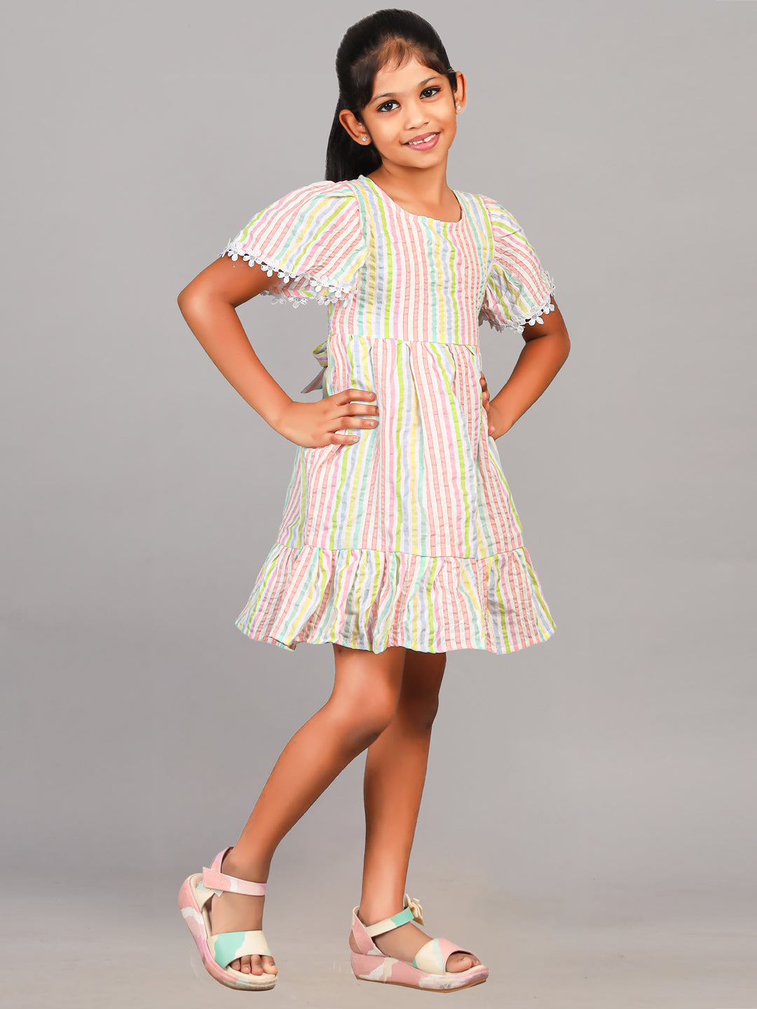 Zion Cotton Seersuckered Flared Sleeve Striped Dress - Multi