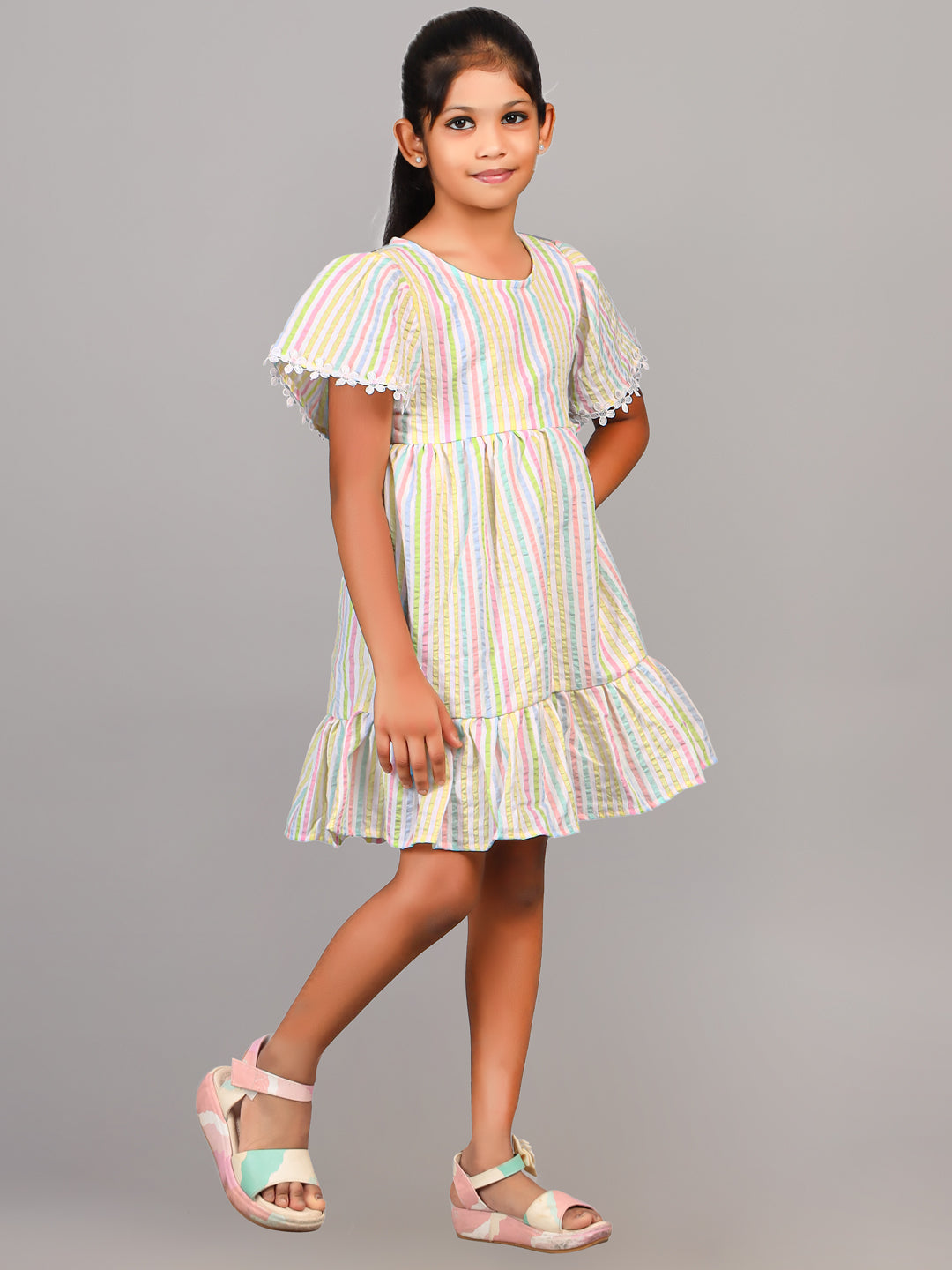 Zion Cotton Seersuckered Flared Sleeve Striped Dress - Yellow