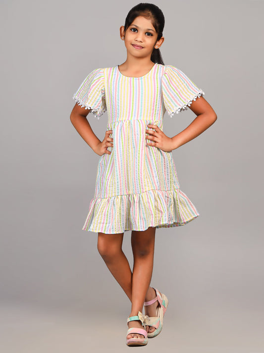 Zion Cotton Seersuckered Flared Sleeve Striped Dress - Yellow