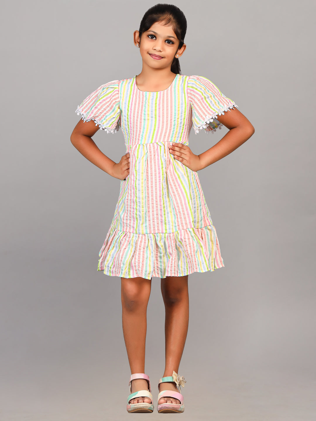 Zion Cotton Seersuckered Flared Sleeve Striped Dress - Multi