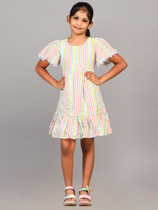 Zion Cotton Seersuckered Flared Sleeve Striped Dress - Multi