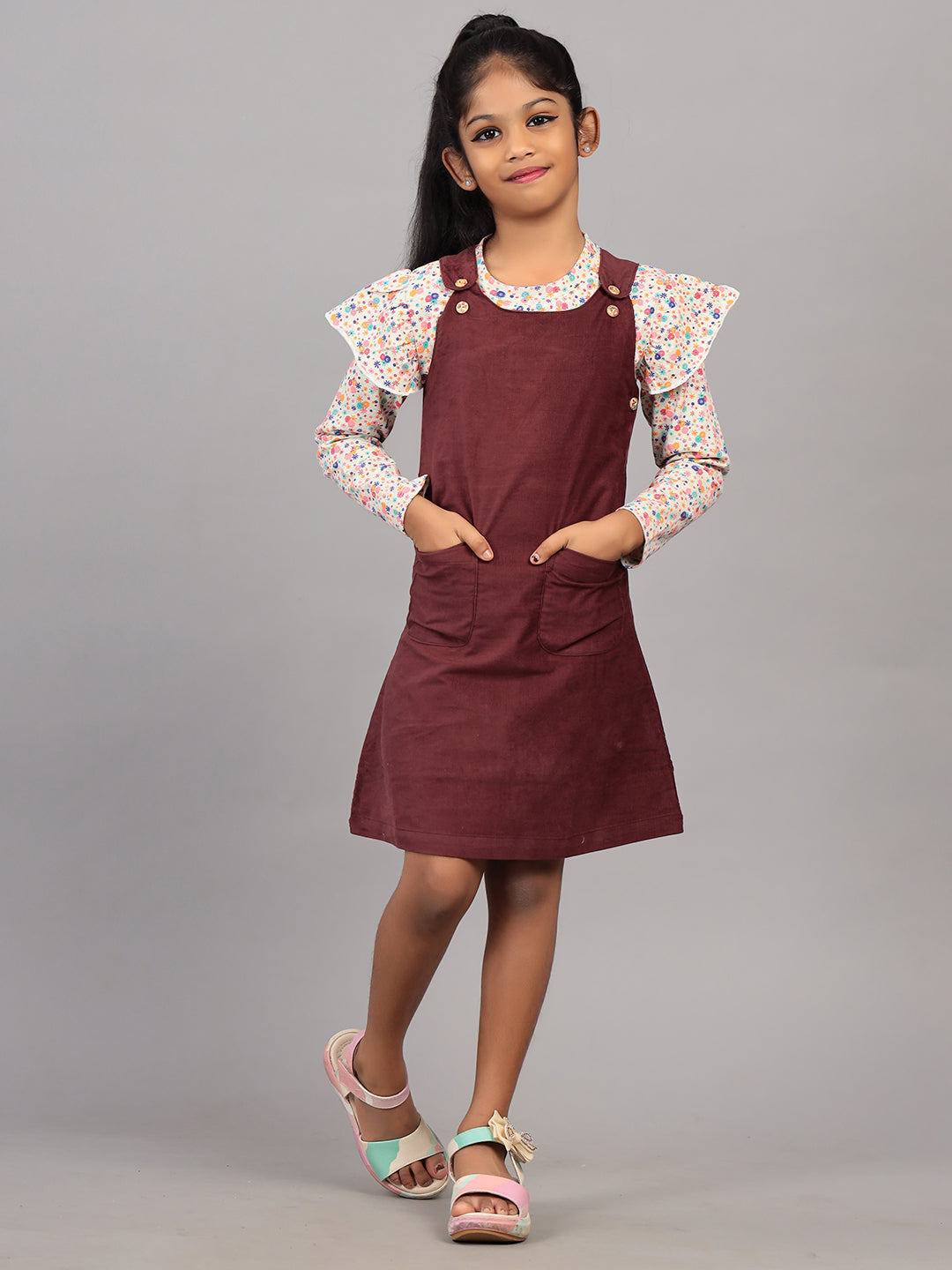 Zion Girls Dungaree Dress with Printed Tshirt-Maroon