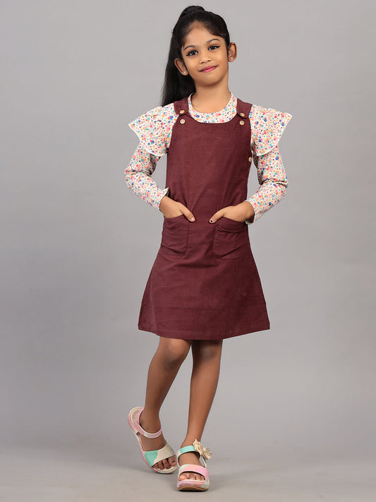 Zion Girls Dungaree Dress with Printed Tshirt-Maroon
