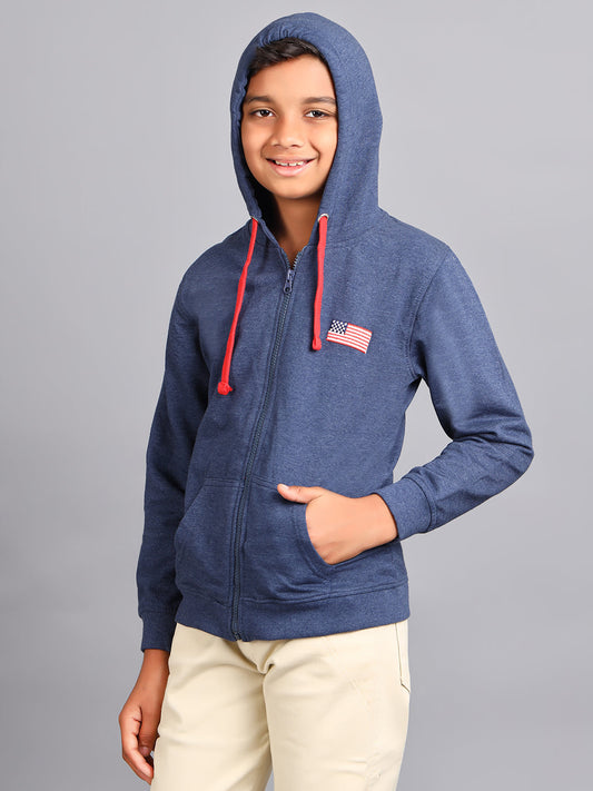Zion Boys Solid Front Open Hooded Sweatshirt with Flag embroidery-Blue Melange