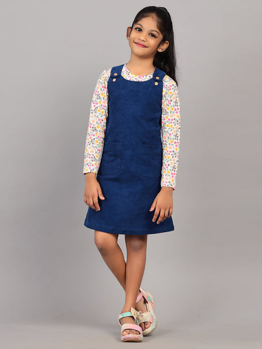 Zion Girls Dungaree Dress with Printed Tshirt-Navy