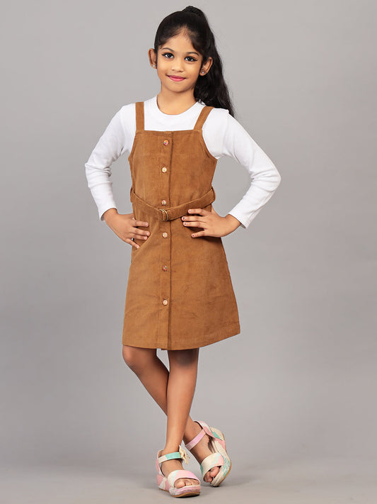 Zion Girls Front Open Dungaree Dress with Printed Tshirt-Brown