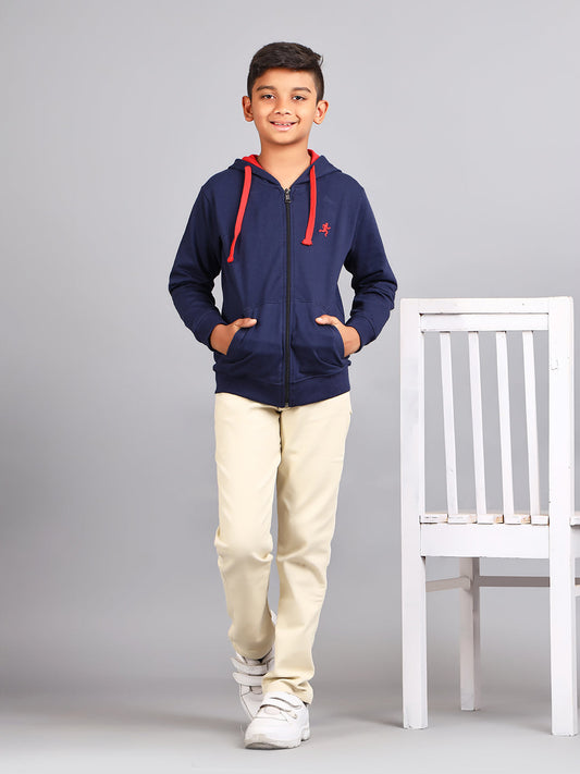 Zion Boys Solid Front Open Hooded Sweatshirt with embroidery-Navy