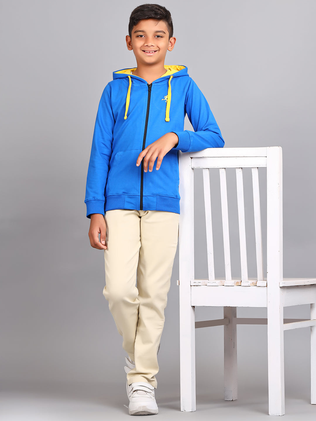 Zion Boys Solid Front Open Hooded Sweatshirt with embroidery-Royal Blue