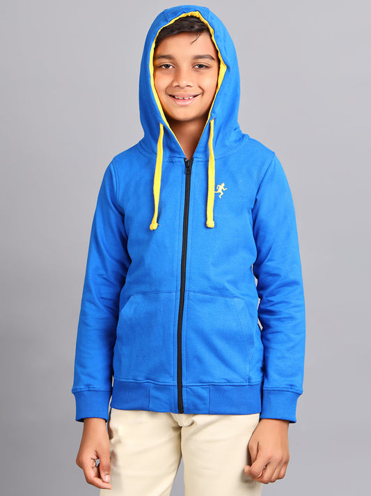 Zion Boys Solid Front Open Hooded Sweatshirt with embroidery-Royal Blue
