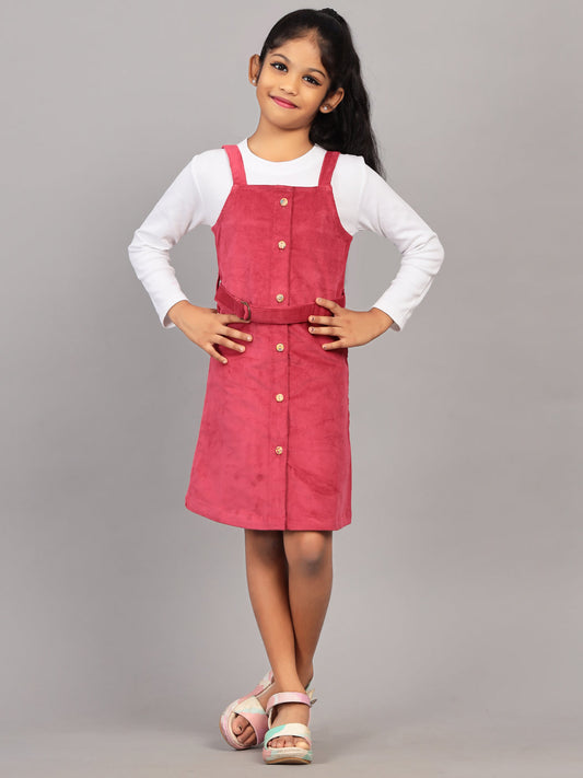 Zion Girls Front Open Dungaree Dress with Printed Tshirt-Fuschia