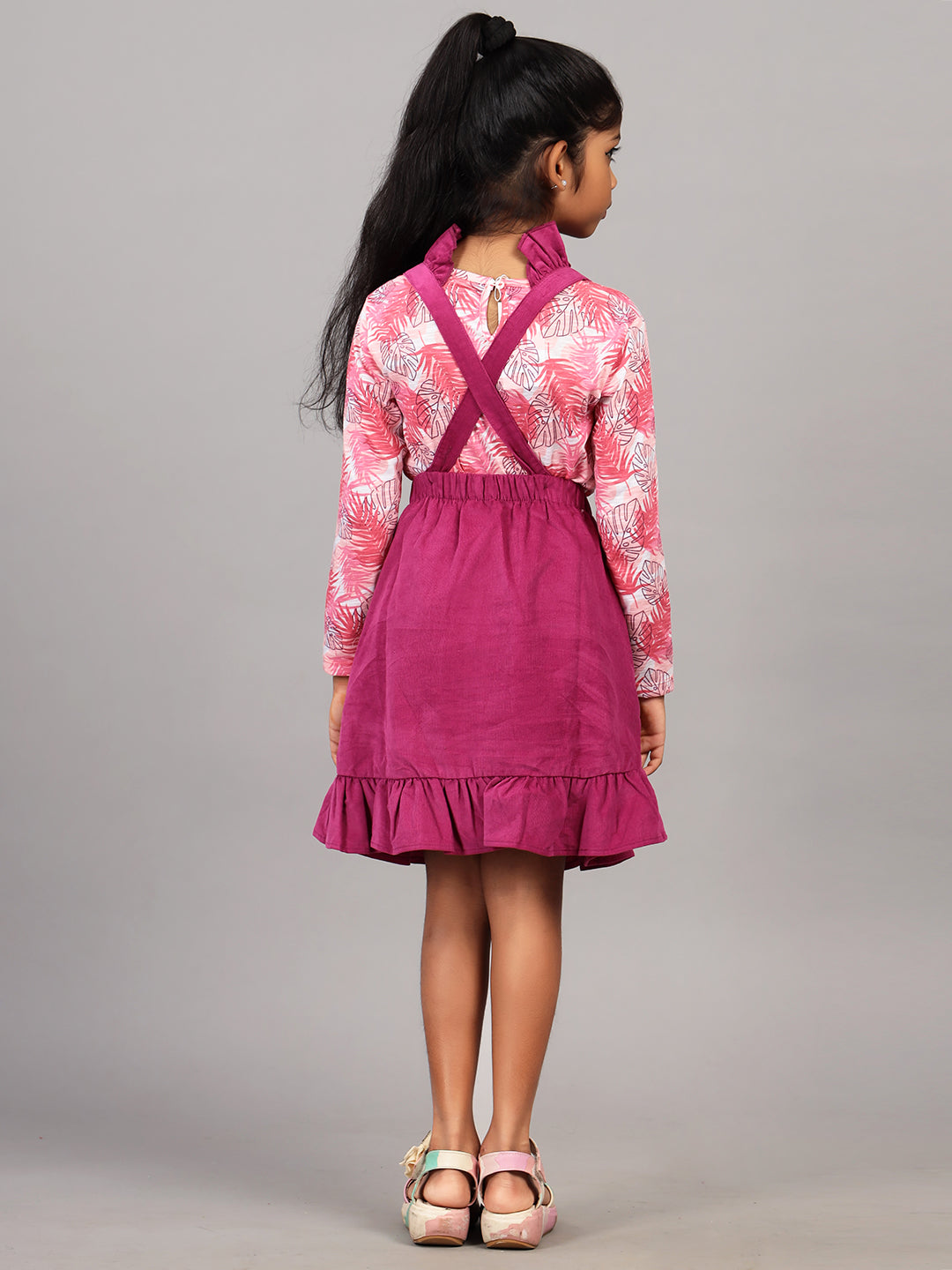 Zion Girls Dungaree Dress with Printed Tshirt & Ruffle Highlights-Dk Pink
