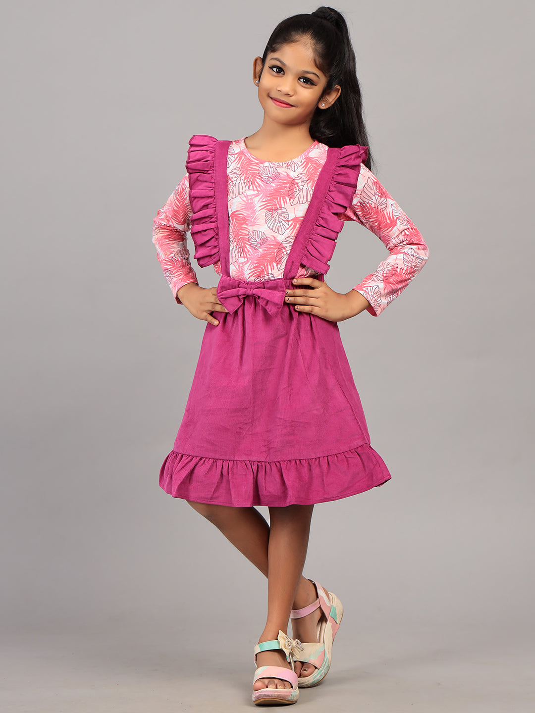 Zion Girls Dungaree Dress with Printed Tshirt & Ruffle Highlights-Dk Pink