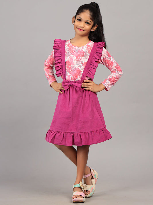 Zion Girls Dungaree Dress with Printed Tshirt & Ruffle Highlights-Dk Pink