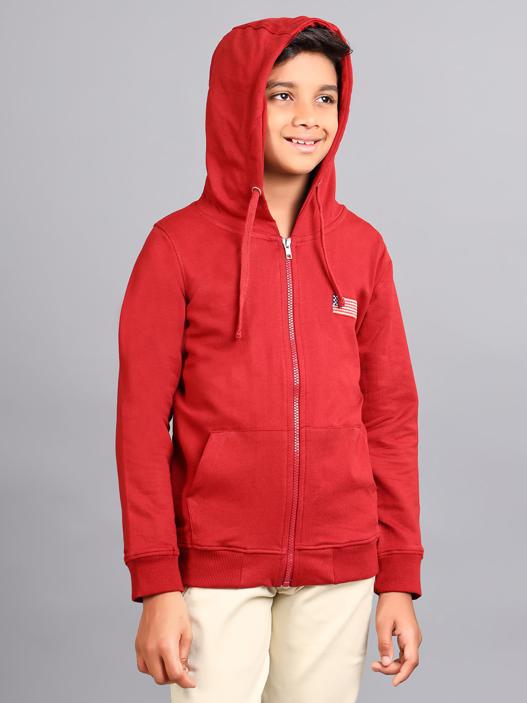 Zion Boys Solid Front Open Hooded Sweatshirt with Flag embroidery-Burgandy