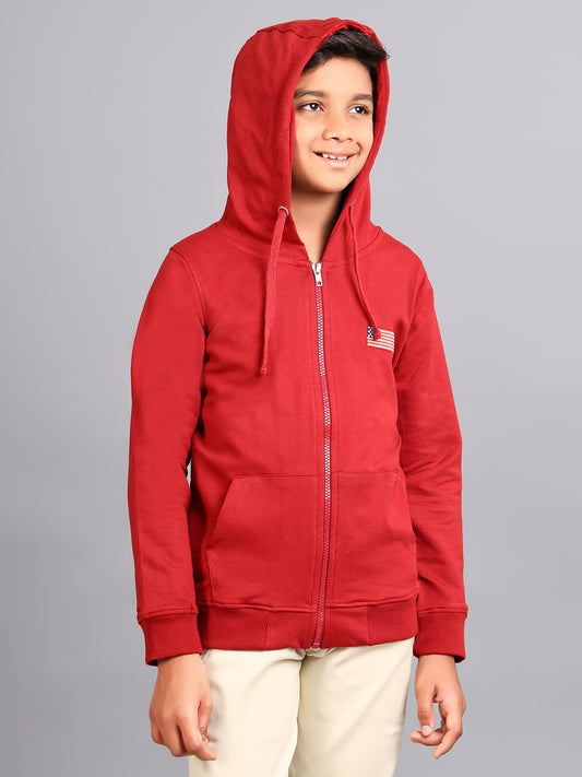 Zion Boys Solid Front Open Hooded Sweatshirt with Flag embroidery-Burgandy