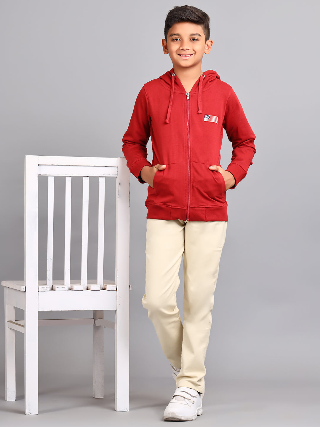 Zion Boys Solid Front Open Hooded Sweatshirt with Flag embroidery-Burgandy