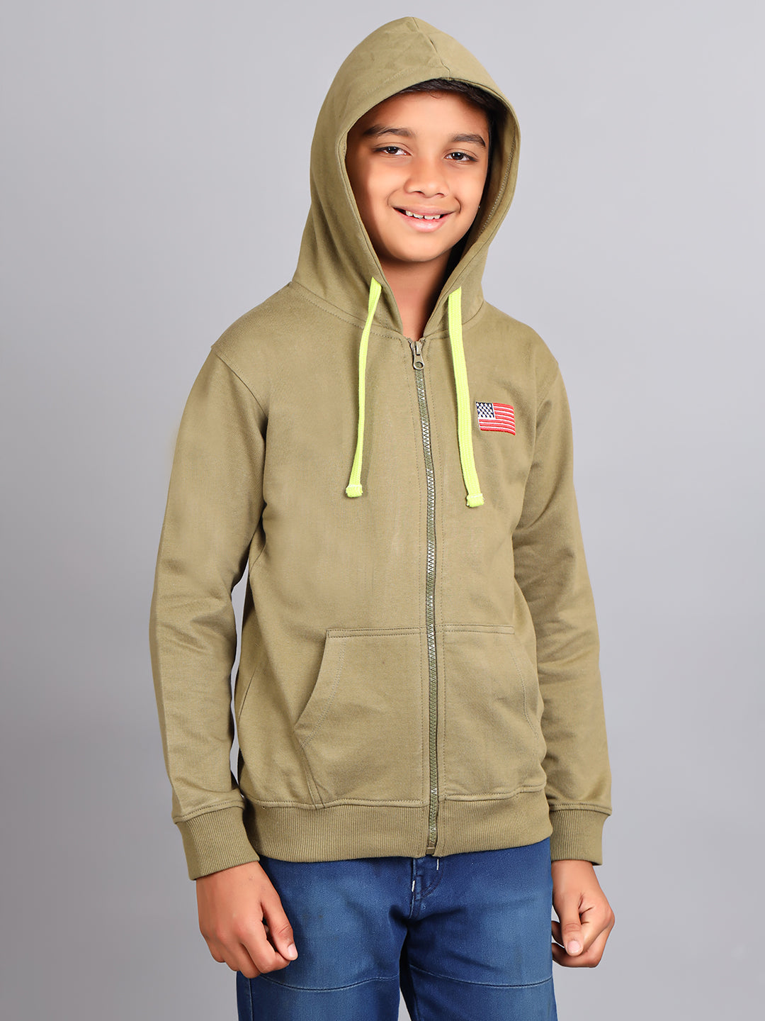 Zion Boys Solid Front Open Hooded Sweatshirt with Flag embroidery-Olive