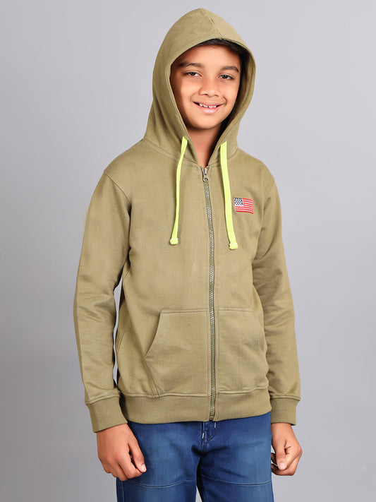 Zion Boys Solid Front Open Hooded Sweatshirt with Flag embroidery-Olive