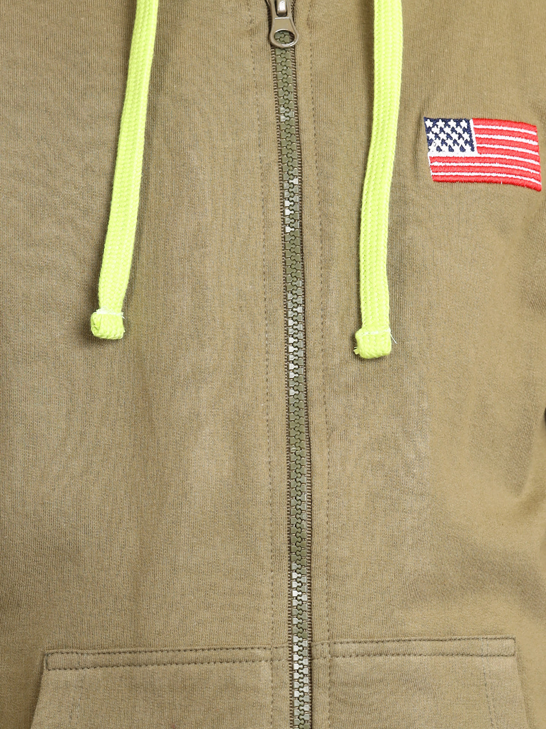 Zion Boys Solid Front Open Hooded Sweatshirt with Flag embroidery-Olive