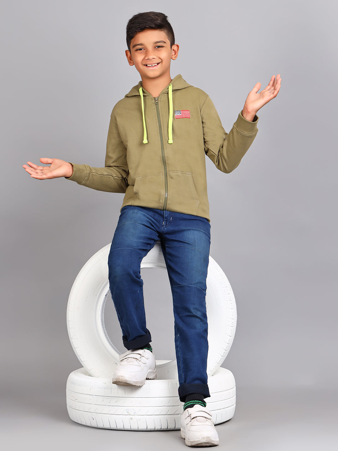 Zion Boys Solid Front Open Hooded Sweatshirt with Flag embroidery-Olive