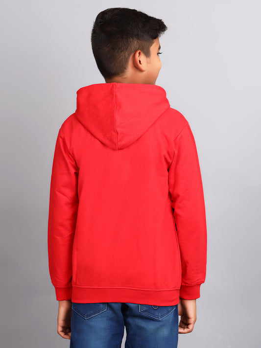 Zion Boys Solid Front Open Hooded Sweatshirt with embroidery-Red
