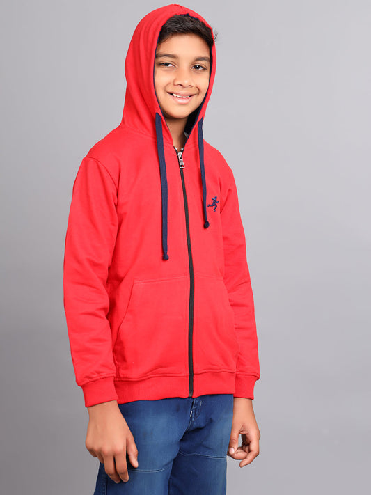 Zion Boys Solid Front Open Hooded Sweatshirt with embroidery-Red