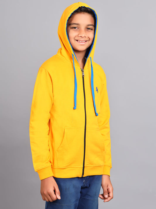 Zion Boys Solid Front Open Hooded Sweatshirt with embroidery-Yellow