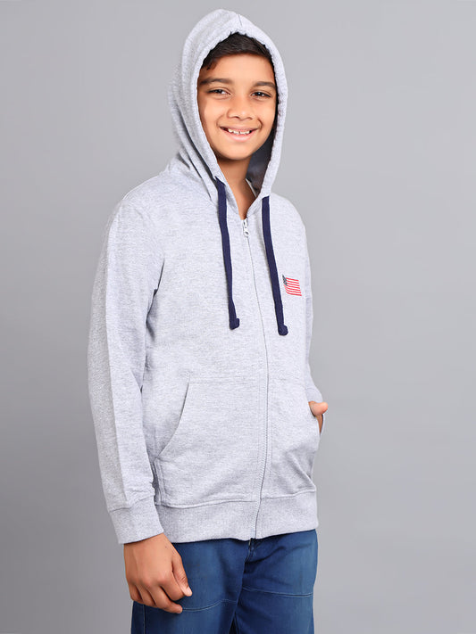 Zion Boys Solid Front Open Hooded Sweatshirt with Flag embroidery-Grey Melange