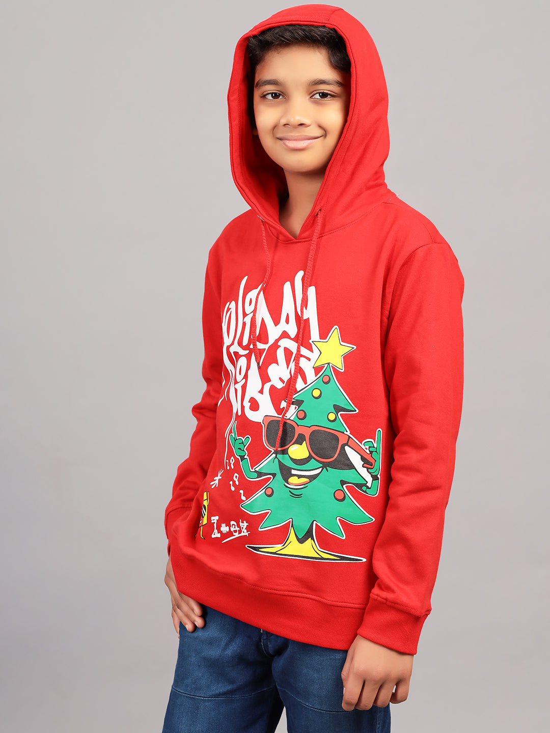Zion Boys Hooded Sweatshirt with Xmas Print Highlights.-Red