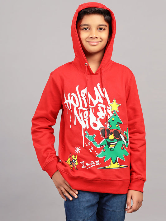 Zion Boys Hooded Sweatshirt with Xmas Print Highlights.-Red